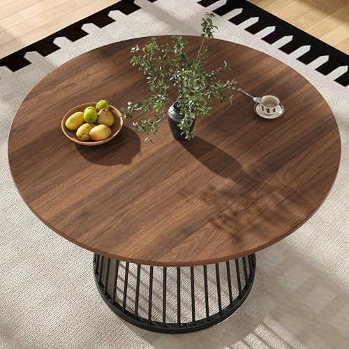OKMYHOME Table à Manger Ronde avec Plateau MDF Effet Marbre, Piètement Métal Noir, 80 x 80 x 76 cm – Noyer