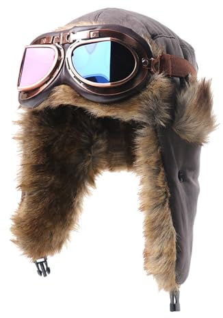 Wokuaile Unisex Winter Fliegermütze mit Brille, Warme Kunstfellmütze Damen Herren Trappermütze Schneedichte Winddichte für Skifahren
