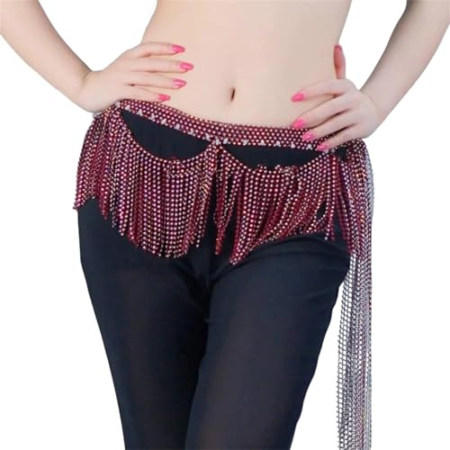 Bufanda de cadera con borlas de diamantes de imitación brillantes para mujer, para danza del vientre y cinturón de cadena de rendimiento