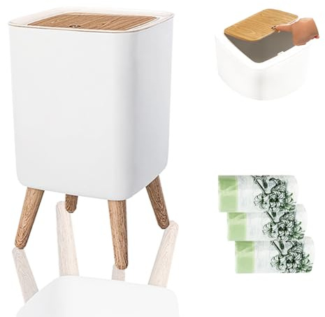 10 Litre Bedroom Bin With Press Top Lid – White Waste Bin With Legs | Nordic Modern Small Trash Can For Bathroom,Office,Kitchen,Pet-Proof,Easy Clean Comes With 60 Bin Liners Ideal For Family Use