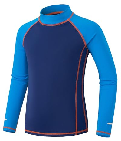 Kinder UV Shirt Langarm mit Reflektorstreifen Jungen Mädchen Badeshirt UPF 50+ Sonnenschutz Schwimmshirt Rashguard Schnelltrocknend Chlorresistent Blau 11-12 Jahre