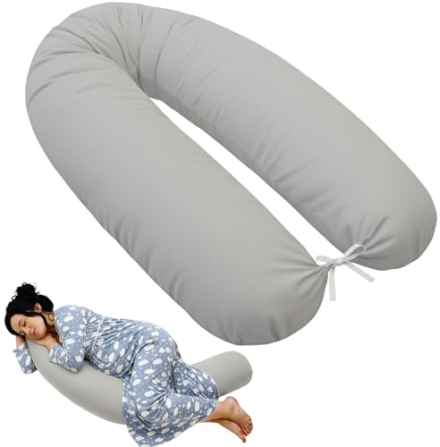EMI & SAM Stillkissen 170cm – Seitenschläferkissen & Lagerungskissen für Schwangerschaft, Stillzeit & Baby – Bezug 100% Baumwolle, als Ersatzbezug oder mit Füllung (Grau, Hohlfasern Fillball Füllung)