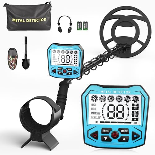Détecteur de métaux Professionnel, 5 Modes Détecteurs de métaux pour Adultes et Enfants, détecteur de métaux Rechargeable avec Bobine de Recherche étanche IP68, écran LCD (Bleu Clair)