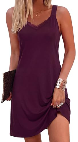 Aseniza Camisón de Mujer Algodón Ropa de Dormir de Tirantes Antideslizantes Cuello en V de Alta Elasticidad Elegante y Moderno Morado Oscuro XXL