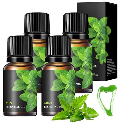 4 Stück Pfefferminzöl Peppermint Essential Oil Pfefferminzöl Minzöl Ätherisches Öl Natürlich Minzöl 10ml Für Diffuser,Luftbefeuchter,Aromatherapie,Körper,Mit 1 Stück Grüner Gua Sha Spatel