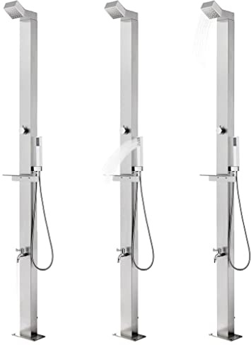 Mokuyary Trädgårdsdusch med grå bas 225 cm rostfritt stål, trädgårdsdusch för camping, trädgård, pool, utomhus -B