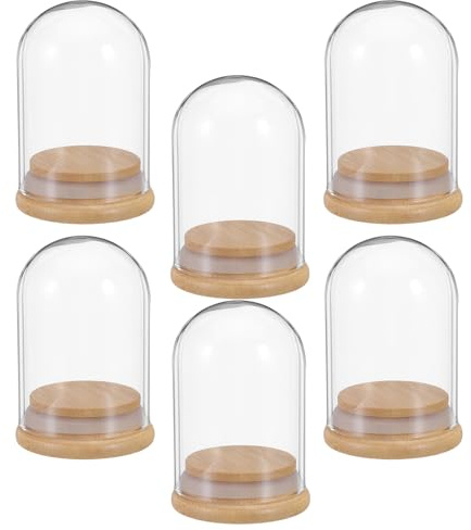 SHINEOFI Lot de 6 Cloches en Verre Transparent 7X5 CM Socle Bois, Dômes pour Présentation de Figurines Miniatures et Fleurs sous Cloche, Accessoires pour Décoration de Mariage et