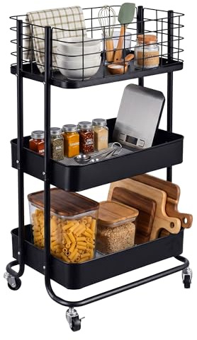 Relaxdays Trolley, HxWxD: 77x45x34 cm, metal, 3 shelves, black | rolling storage trolley for bathroom, kitchen & office