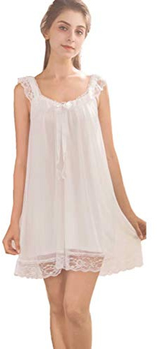 Women's Lace Vintage Victorian Cotton Lace Satin Nightgown Ladies Sleeveless Sleep Dress, White, EU L/Tag XL
