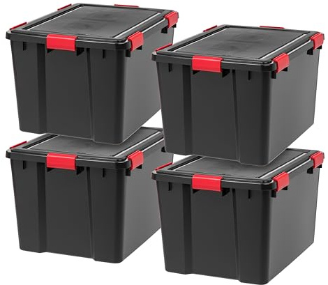 IRIS USA WeatherPro 74 Qt Storage Bins with Lids, 4 Pack, BPA-Free Plastic Gasket Box with Tight Latch and Seal, Stackable Nestable Tote Tub - Black/Red