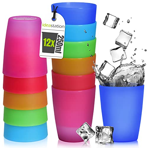idea-station Neo Bicchieri Plastica rigida lavabili 12 x 250 ml - colorati - Bicchiere plastica dura - riutilizzabile Set Bicchieri Acqua - ideale per compleanno e campeggio