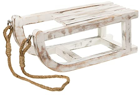 Spetebo Trineo decorativo de madera en color blanco envejecido, 40 cm, de madera de mango con cuerda de sisal, para Navidad, Adviento, invierno, alféizar de ventana