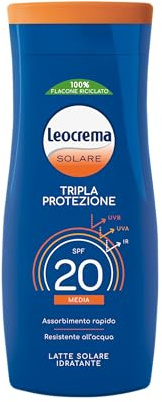 Leocrema - Crema Solare SPF 20, Tripla Protezione dai raggi solari, Formula Idratante e Resistente all'Acqua, 200ml