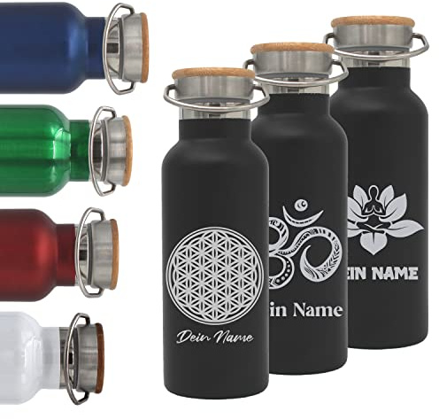 Personalisierte Trinkflasche aus Edelstahl mit Namen und Motiv 500ml / 0,5L mit Bambusdeckel Esoterik (schwarz)