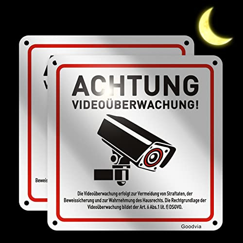 Goodvia Achtung Videoüberwachung Schild Metall mit Selbstklebend Aluminium Reflektierend 15x15cm, Schild Kameraüberwachung, Videoüberwacht Aufkleber mit DSGVO Hinweis Wetterfest UV-Schutz 2 Stück