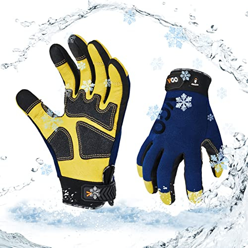 Vgo... Gants de travail sécurité d'hiver 0°C / 32°F, cuire de porc, imperméables, réfrigérés avec doublure isolante mince 3M (PA7726FLWP,Bleu,L1Paire)