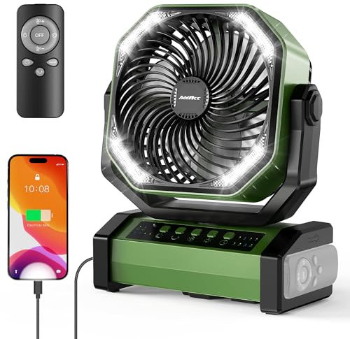 AddAcc 20000mAh Rechargeable Camping Fan - Battery Operated Fan with Light & Remote, Auto Oscillating, 4 Timer, 60 Hrs Work Cordless Tent Fan for Travel Outdoor RV Garage Power Outage Emergency