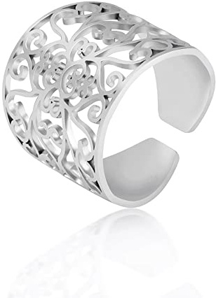 TEAMER Bague Vintage Sweet Hollow Flower Bague d'index en filigrane avec fleur à la mode rétro pour dames Bague minimaliste empilable Bijoux de mode (Style 1 - Argent, Réglable)