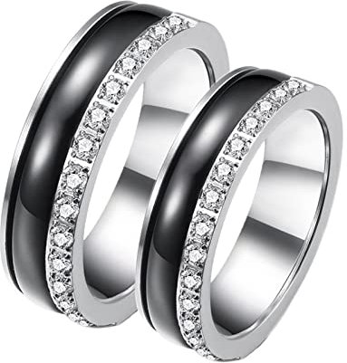 BCughia Freundschaftsringe Beste Freundinnen, Verlobungsring Edelstahl Paar Silberner Schwarzer Ring mit Zirkonia Damengröße 52(16.6), Herrengröße 60(19.1)