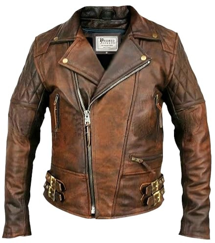 Men’s Leather Motorcycle Jacket Cafe Racer Classic Lapel Style Collar Lambskin Biker Brando Leather Jacket (XL, Brown Real Leather Jacket)