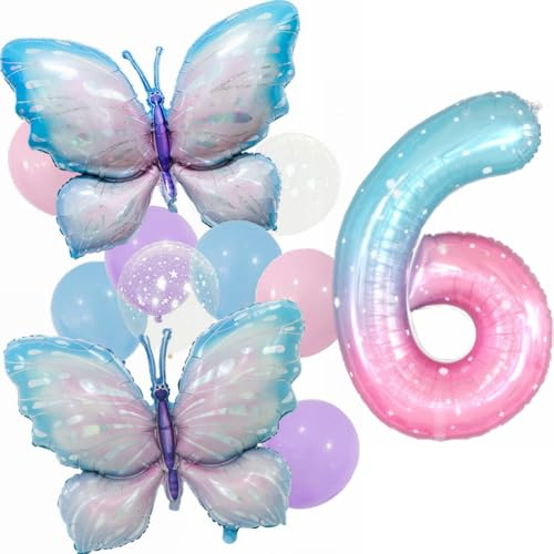 Kiwochy Gradient Pink Schmetterling Ballons 6. Geburtstag Dekoration Mädchen Deko 6 Jahre Party Set Riesige Bunte Folie Ballon für Schmetterling Party Supplies