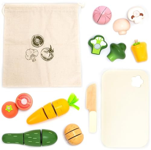 UMU® Kit de découpe de légumes en bois pour enfants – Jouet de cuisine avec aliments pour couper et accessoires de cuisine pour enfants (couteau en bois, planche à découper, sac à légumes), jouet en