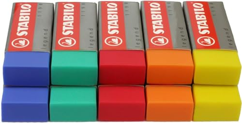 Kunststoff-Radierer STABILO Legend, 10 Stück, leuchtende Radiergummis – Blau, Grün, Orange, Rot, Gelb