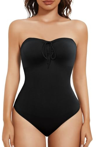 Ellareese Strapless Shapewear Bodysuit for Women Thong Halter Bodycon Drawstring Party Club Dress Seamless Body Shaper Tummy Control Top Leotard
