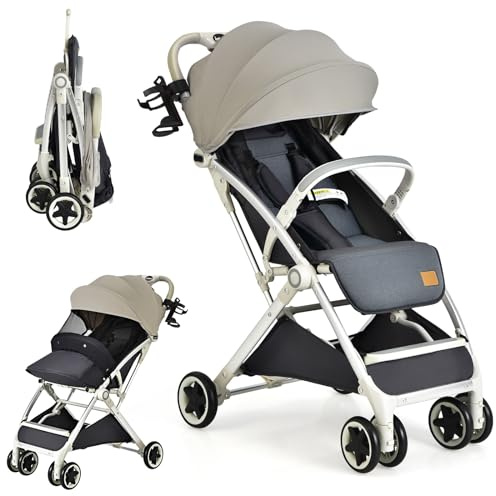 COSTWAY Vikbar barnvagn för barn, resevagn med justerbart ryggstöd och huva, babyvagn med mugghållare, 5-punkts rem, lätt barnvagn, för 0–36 månader, belastad 15 kg, grå