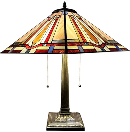 BOTOWI Tiffany Stil Tischlampe 2-Licht Mission 21 Hohes Buntglas Bernstein Braun Stil Harz Sockel Schreibtischlampe Gelb Rot Antik Vintage Tribal Licht Dekor Nachttisch Wohnzimmer Schlafzimmer,Rot