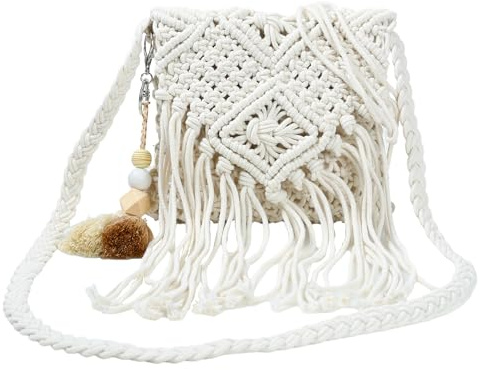 Umimiss Macrame Bag - White, Small, Women's Unisex Satchel, Beach Theme, Cotton, Handwoven, Tassel, Wooden Bead, Summer, Casual Outings