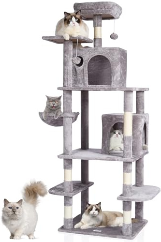 VEVOR Arbre à Chat, 174 cm, Tour d'escalade à Chats avec griffoir en sisal, 2 niches, hamac, perchoir supérieur, Plates-Formes de Saut, balles suspendues, pour activités d'intérieur Chats, Gris Clair