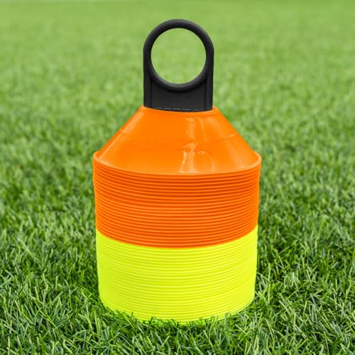 FORZA Mini träningsmarkörer | hållbara mini rymdkoner med flera ändamål idealiska för alla sporter – paket med 50 eller 1 000 [Inkluderar bärstativ] (paket med 50, orange och gul)