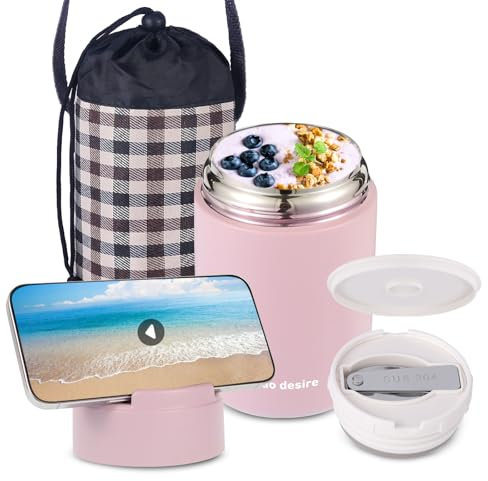 Nuo desire 600ML Edelstahl Thermobehälter mit Deckel – Auslaufsicherer Warmhaltebehälter für Essen, Suppen & Eintopf,Thermo Lunchbox mit faltbarem Löffel, 24h heiß/kalt (Rosa)