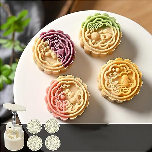 JNHGSHUAISDF mooncake mould Hand Press Mooncake Moon Cake Mould 50g, Rabbit Dance Shape Moon Cake Mould, with 4 Cookie Stamps Cookie Press Mid Autumn, Making Traditional Festival Mooncakes