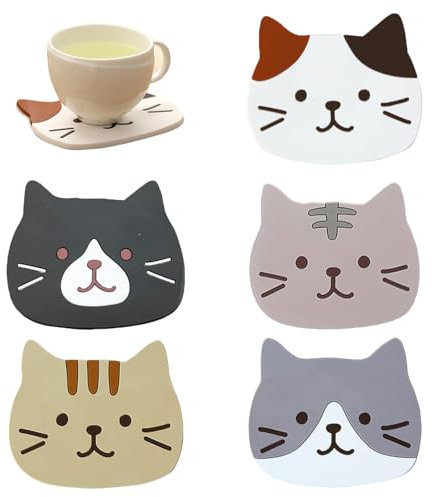 XoeLLe 5 Pièces Cat Tasse Silicone Mug Dessous de Verre, Tapis Lsolant Lavable Antidérapant sous-Verres, sous-Verres Décoratifs en Verre, pour Vin, Verres, Tasses à Thé et Boissons