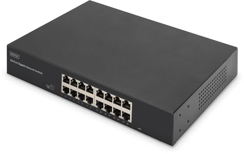 DIGITUS DN-80112-2 - Conmutador de Red Gigabit - 16 Puertos - no gestionado - sin Ventilador - Compatible con VLAN y CCTV - 16x RJ45-10/100/1000 Mbit/s - Soportes de Montaje de 19 Pulgadas - Negro