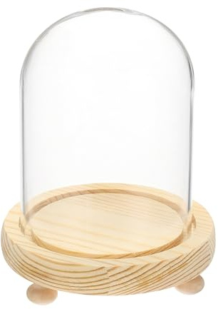 sourcing map Glasglocke, 11,9 x 11,2 cm, dekorative Glasglocke mit Holzsockel, Fußpolster für DIY-Blumenhandwerk, Sammlerstücke, Exemplare, Pflanzen, staubdicht