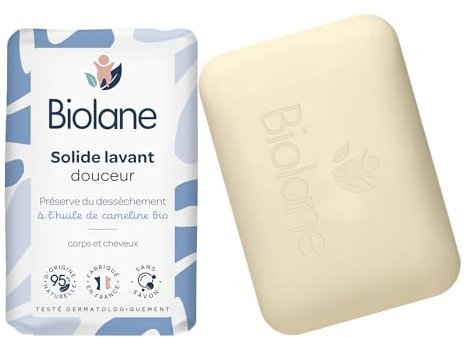 BIOLANE - Solide Lavant Douceur - Bain Bébé - 95% d'Origine Naturelle -75g - Corps et Cheveux - Sans savon - Fabriqué en France