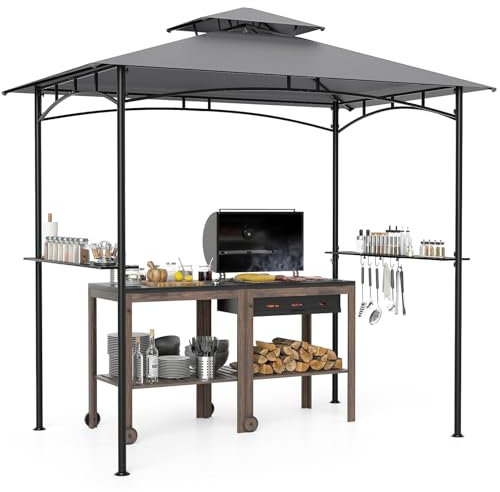 HOMASIS Gazebo per Barbecue, Pergolato da Giardino con Doppio Tetto, 2 Tavoli e Ganci, Pergola Addossata per Esterno, Gazebo per griglia/BBQ (Grigio, 242 x 150 x 250 cm)