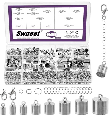 Swpeet 840pcs 8 Größen Sliver Messing Cord End Cap mit Hummerverschlüsse, Jump Ringe und Ketten Kit, Leder Enden Caps, Spalte End Cap Terminatoren, Leder Cords Enden Perlen Cap für DIY Herstellung