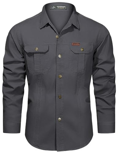 Casey Kevin skjorta herr långärmad fritidsskjorta bomull cargo herrskjortor button down utomhusskjorta arbetsskjorta, 2 fickor normal passform, GRÅ, XL