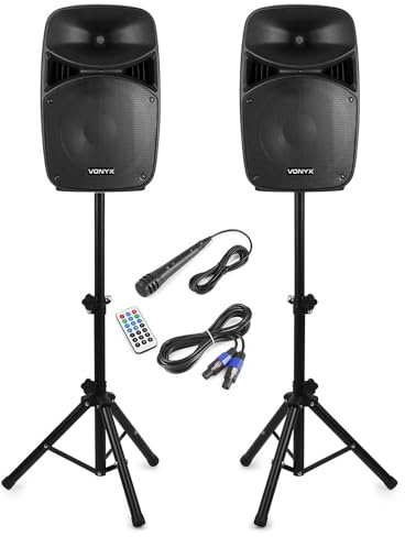 Vonyx VPS122A 12 Active PA DJ Speakers Bluetooth System with Stands, Microphone & Built-in USB MP3 Player for Medium Parties, Beginner DJs, Kids Events - 400W RMS Power, 800W Max Output
