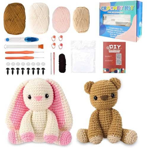 Häkelset für Anfänger, Tiere Häkeln Kit Häschen und Bär Häkelset, Starter-Set mit Videokurs in Englisch, Schritt für Schritt, Garn Haken Nadeln, Crochet Set, Häkeln für Anfänger Erwachsen Kinder