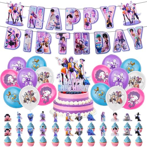 Sinmaklin Party Decorations Set with Birthday banner, 1 Large Cake Topper, 24 Cupcake Toppers, 16 Latex Balloons for Birthday Decorations