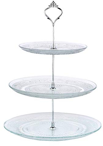 Nyxi 3 Tier Cake Stand Afternoon Tea Serving Plate Embossed Glass Cake Stand Round Display with New Crown Fittings