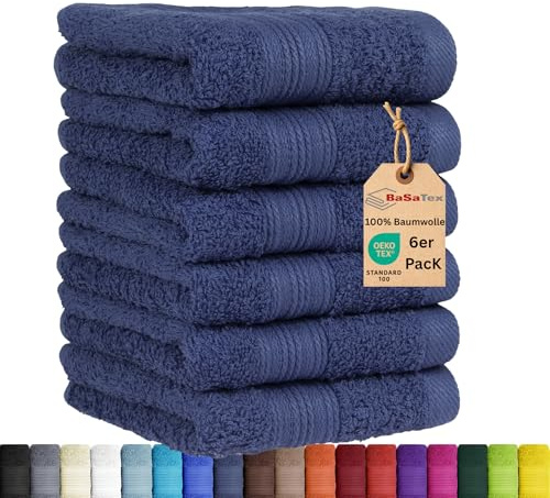 BaSaTex 6er Pack Handtuch Set für Gäste Handtücher Baumwolle Öko-Tex | Handtücher mit Aufhängeschlaufe, Gästetücher für die Händereinigung, Navy, Aufhängeschlaufe