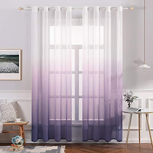 MIULEE Farbverlauf Voile Vorhänge Ösen 2er Weiß-Lila 140x145cm | Farbverlauf transparente Voile Vorhänge mit Ösen, lichtdurchlässig, modern dekorativ für Wohn- und Schlafzimmer