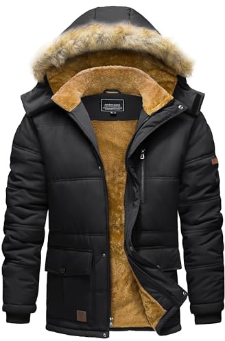 TACVASEN Men's Winter Jackets Water Resistant Fleece Puffer Jacket Thermal Ski Hiking Parka Down Coat with Hood Black XL