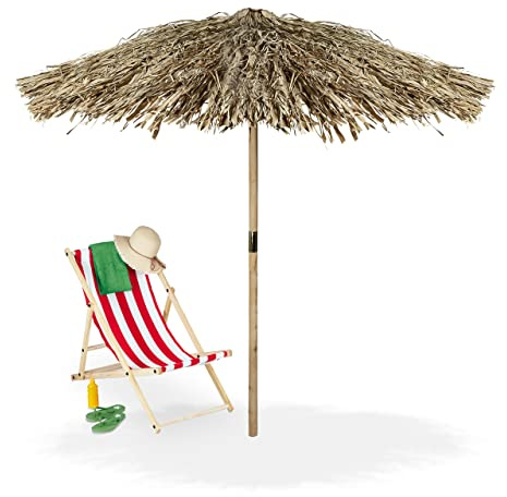 Relaxdays Hawaii Sonnenschirm, handgefertigt, Strandschirm, Tannenholz & Palmenblatt, wetterbeständig, Größenwahl, Natur
